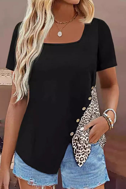 Casual Leopard Patchwork Buttons Square Collar T-Shirts Black