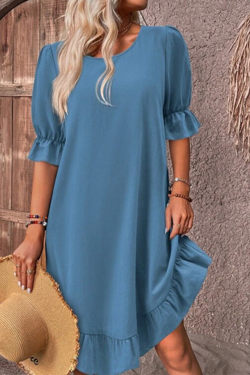 Casual Solid Flounce O Neck A Line Dresses Peacock Blue