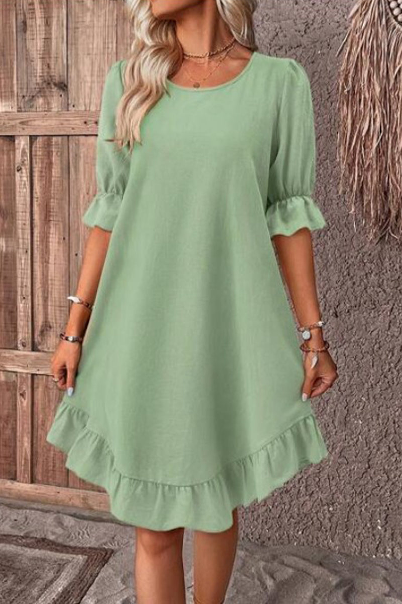 Casual Solid Flounce O Neck A Line Dresses Light Green