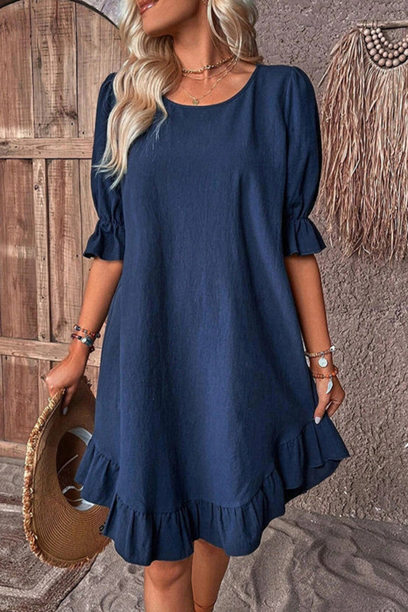 Casual Solid Flounce O Neck A Line Dresses Deep Blue