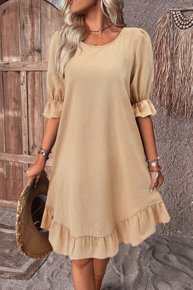 Casual Solid Flounce O Neck A Line Dresses Khaki