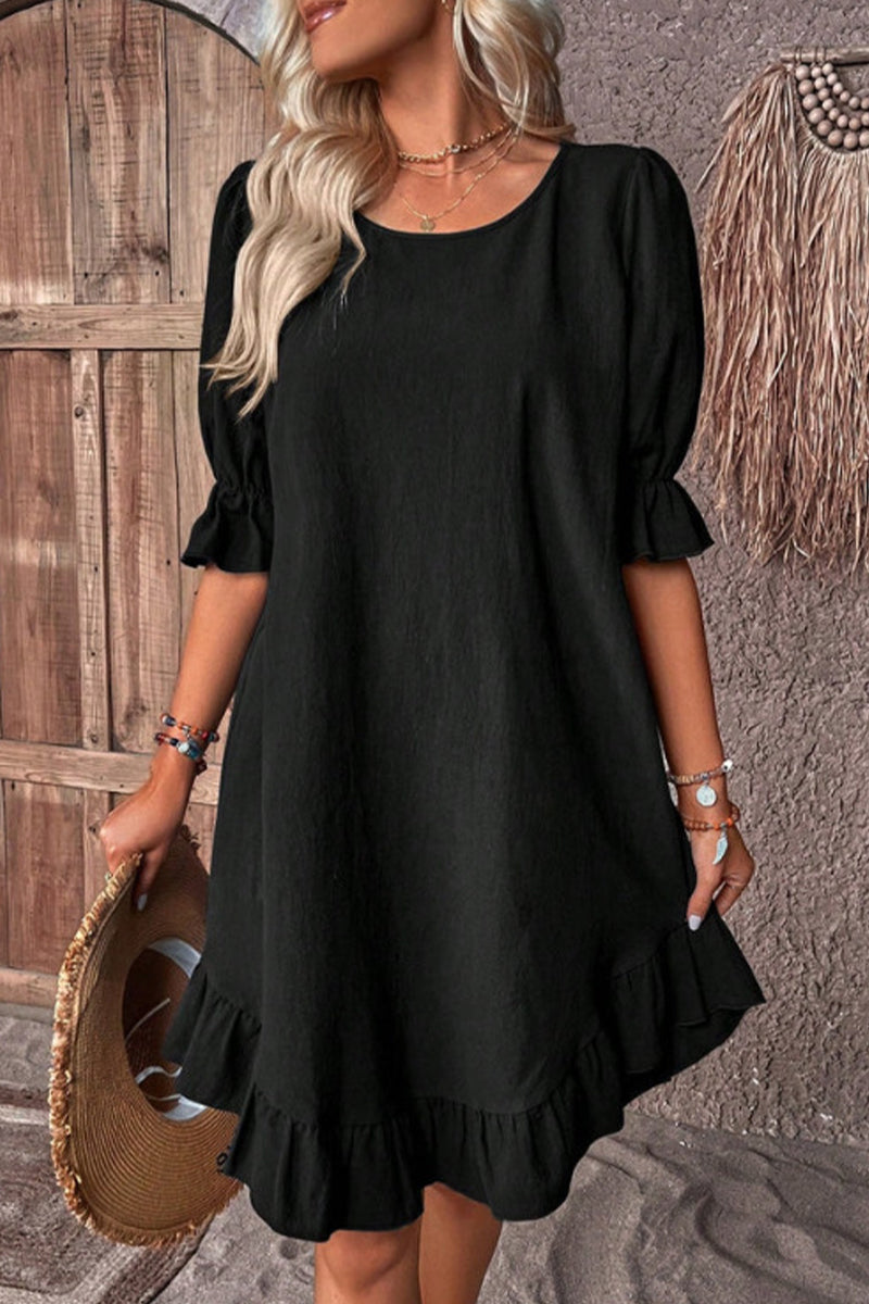 Casual Solid Flounce O Neck A Line Dresses Black