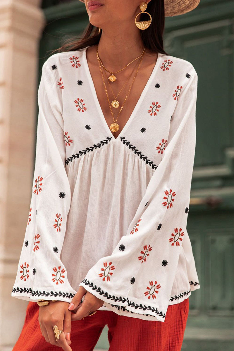 Casual Geometric Print Patchwork V Neck Tops White