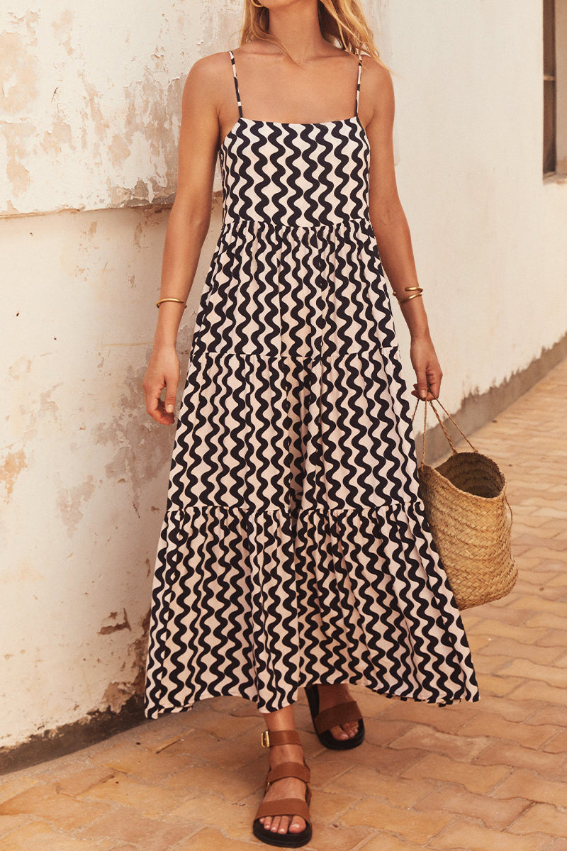 Casual Geometric Print Flounce Square Collar Sling Dresses Black And White