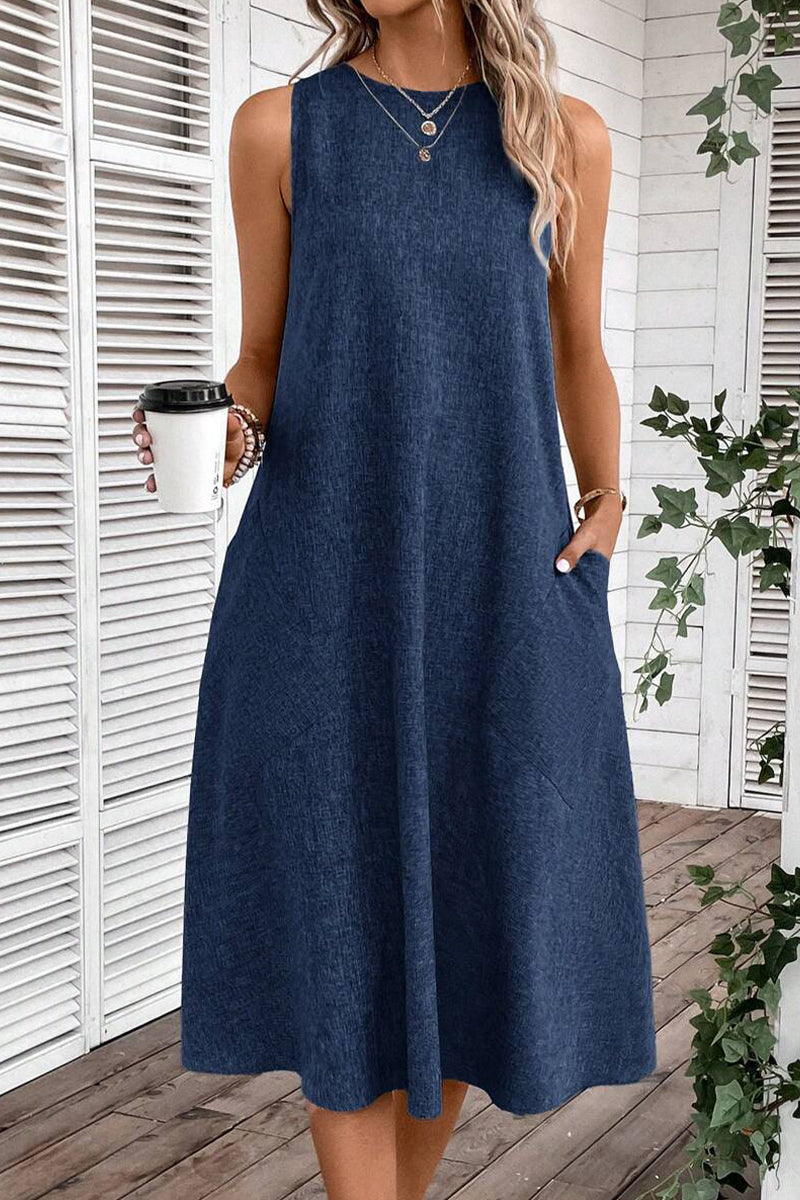 Casual Simplicity Solid Pocket O Neck Sleeveless Dresses Navy Blue