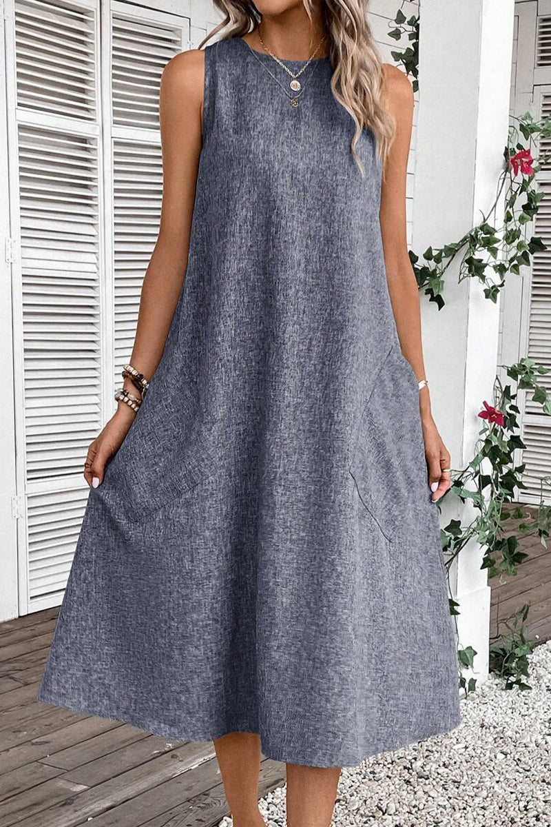 Casual Simplicity Solid Pocket O Neck Sleeveless Dresses Grey