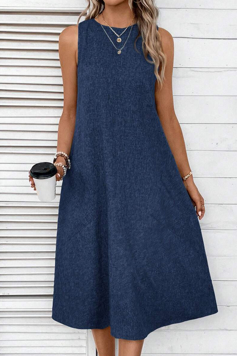 Casual Simplicity Solid Pocket O Neck Sleeveless Dresses