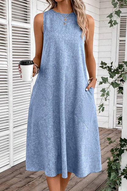 Casual Simplicity Solid Pocket O Neck Sleeveless Dresses Light Blue