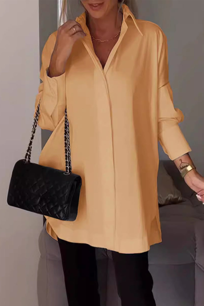 Casual Simplicity Solid Buttons Turndown Collar Tops Yellow