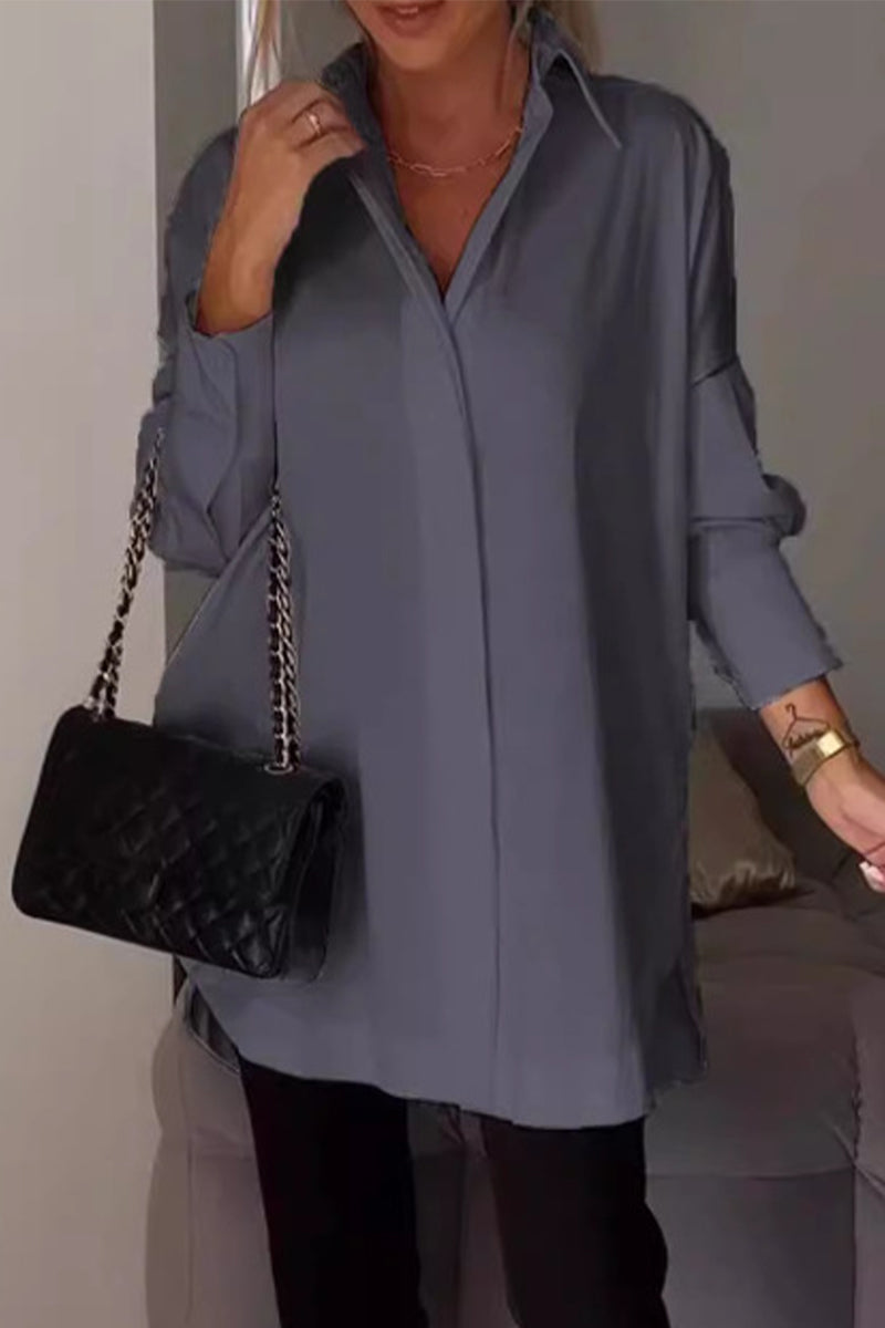 Casual Simplicity Solid Buttons Turndown Collar Tops Grey