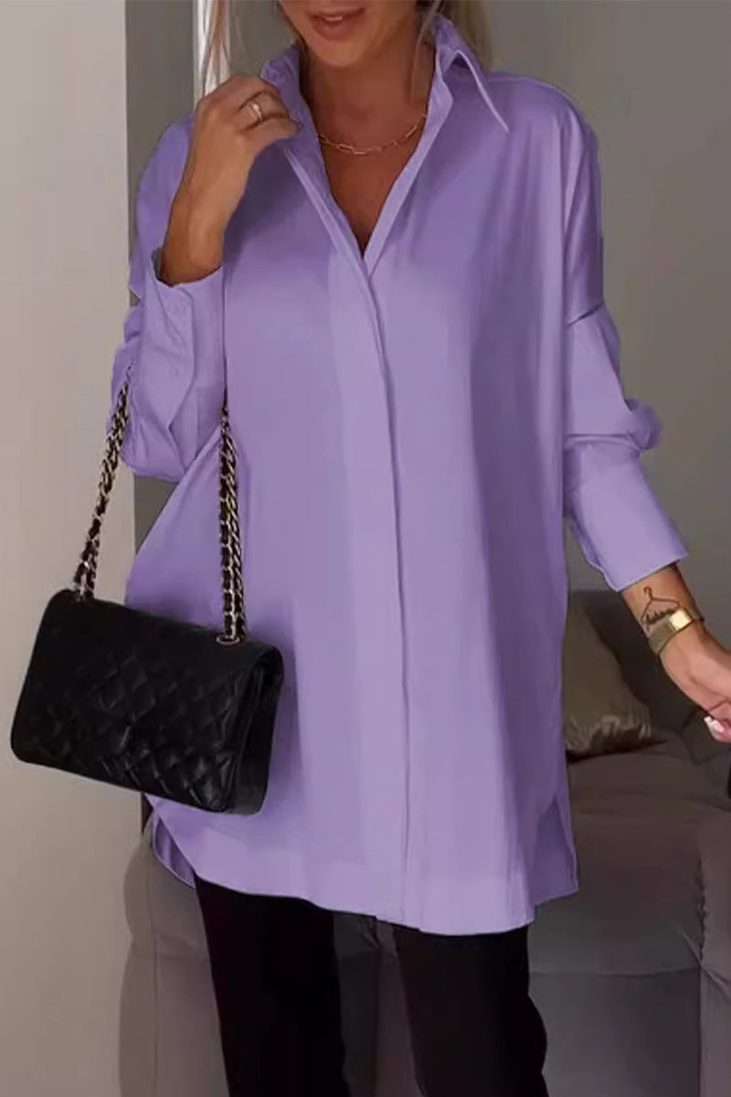 Casual Simplicity Solid Buttons Turndown Collar Tops Purple