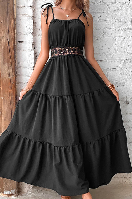 Elegant Simplicity Solid Hollowed Out Frenulum Sling Dresses Black