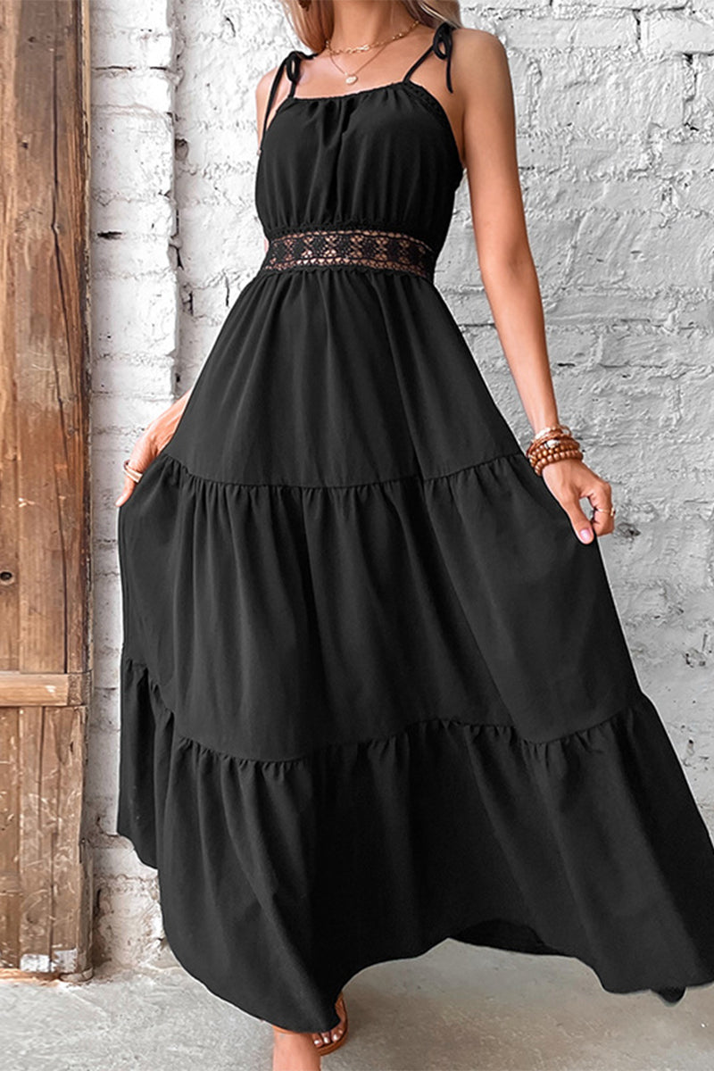 Elegant Simplicity Solid Hollowed Out Frenulum Sling Dresses