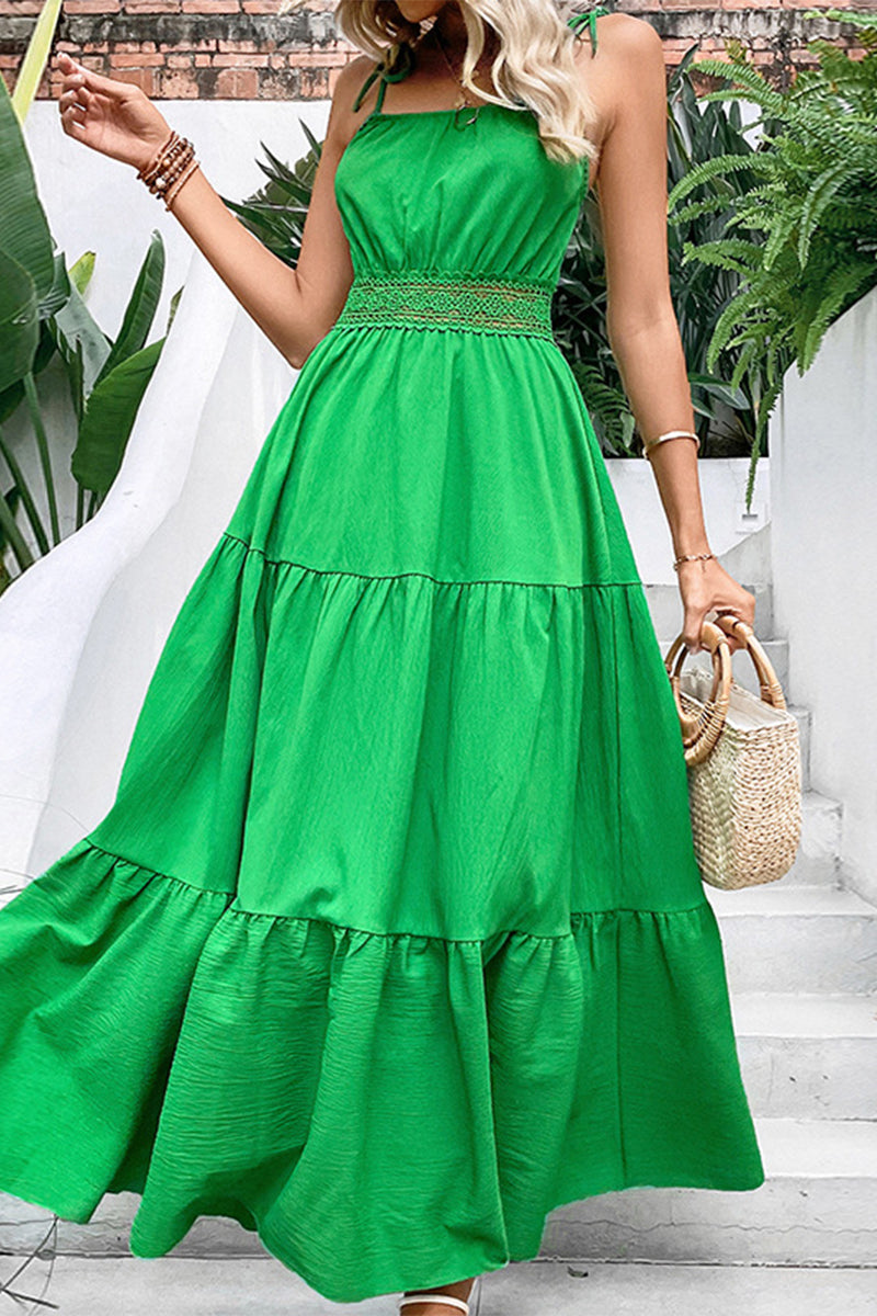 Elegant Simplicity Solid Hollowed Out Frenulum Sling Dresses