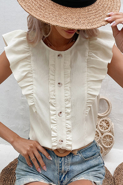 Sweet Simplicity Solid Buttons Flounce O Neck Tops