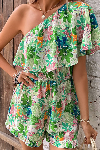 Elegant Floral Flounce Oblique Collar Loose Rompers(No Belt)