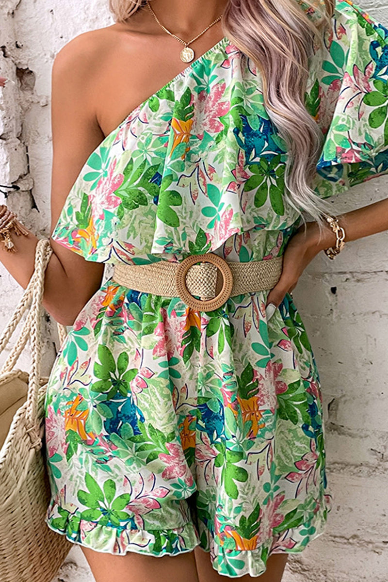 Elegant Floral Flounce Oblique Collar Loose Rompers(No Belt) Green