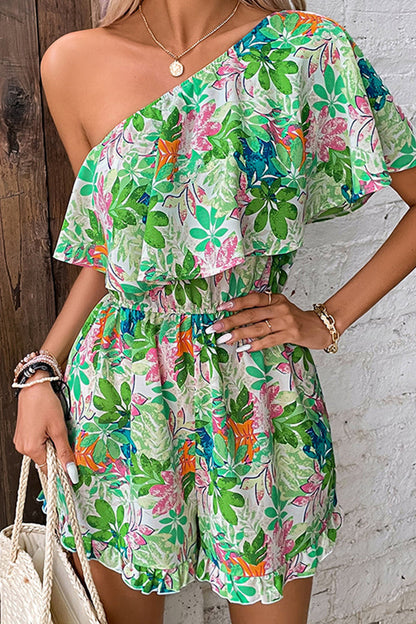 Elegant Floral Flounce Oblique Collar Loose Rompers(No Belt)