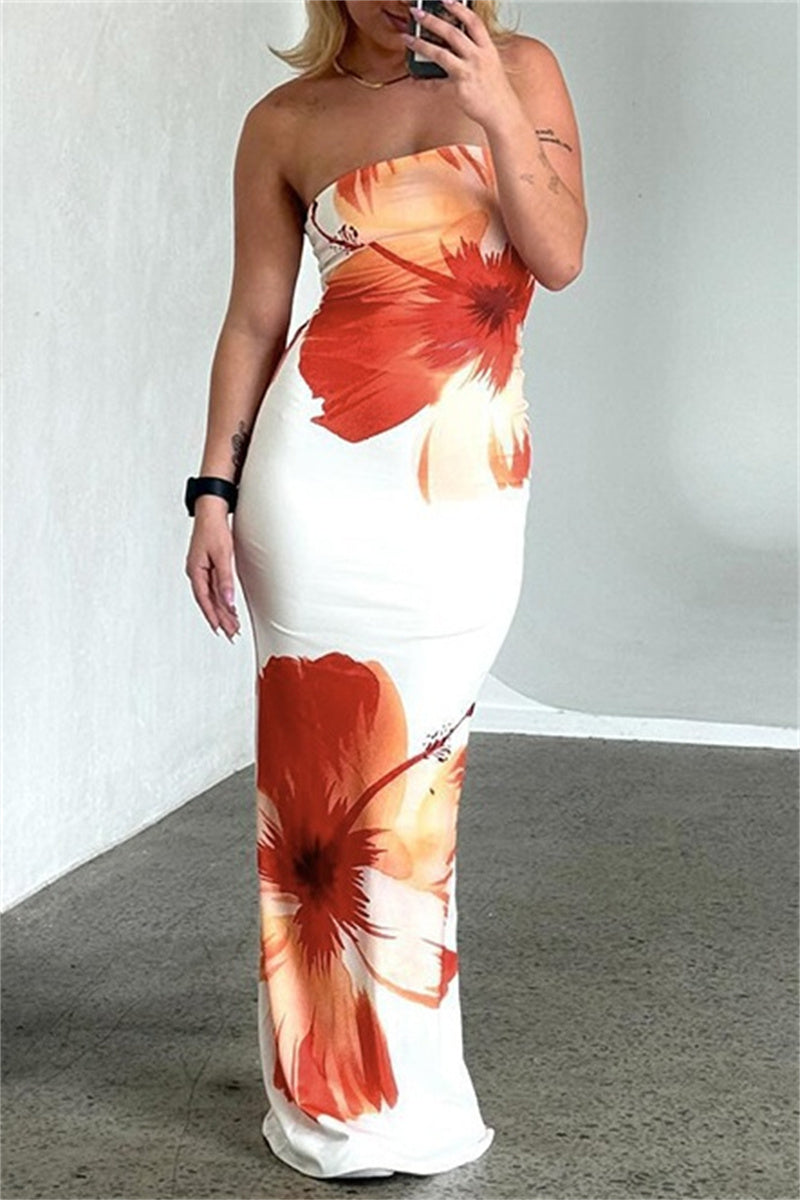 Sexy Casual Print Backless Strapless Long Dresses