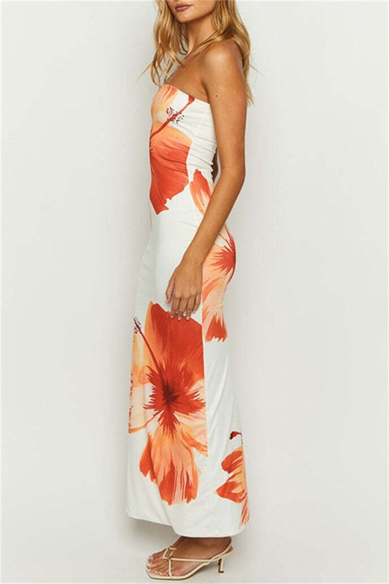 Sexy Casual Print Backless Strapless Long Dresses