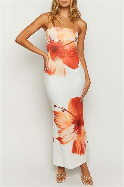 Sexy Casual Print Backless Strapless Long Dresses