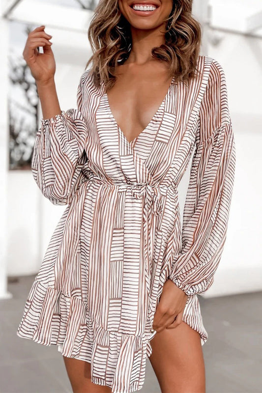 Sexy Vintage Striped Frenulum Contrast V Neck A Line Dresses Brown