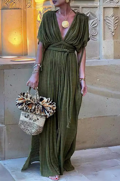 Casual Simplicity Solid Bandage Slit V Neck A Line Dresses Army Green One Size