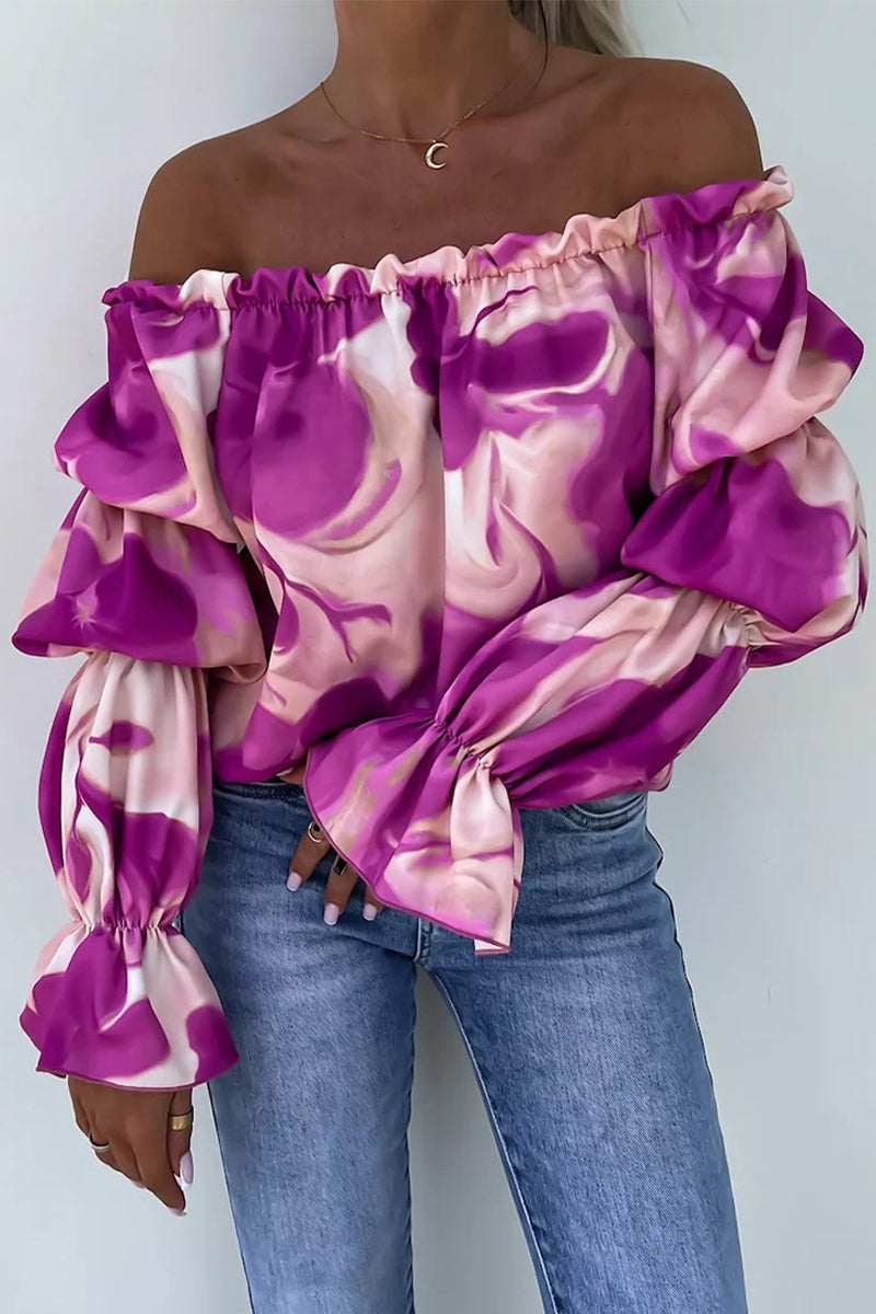 Sexy Print Flowers Fold Contrast Off the Shoulder Tops Purple