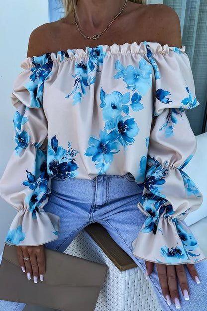 Sexy Print Flowers Fold Contrast Off the Shoulder Tops Apricot