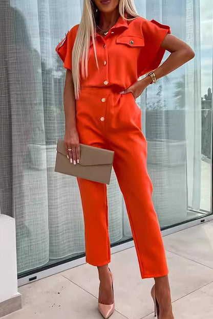 Casual Solid Buttons Turndown Collar Straight Jumpsuits Orange Red