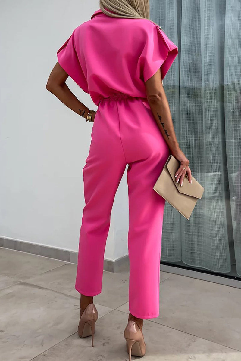 Casual Solid Buttons Turndown Collar Straight Jumpsuits