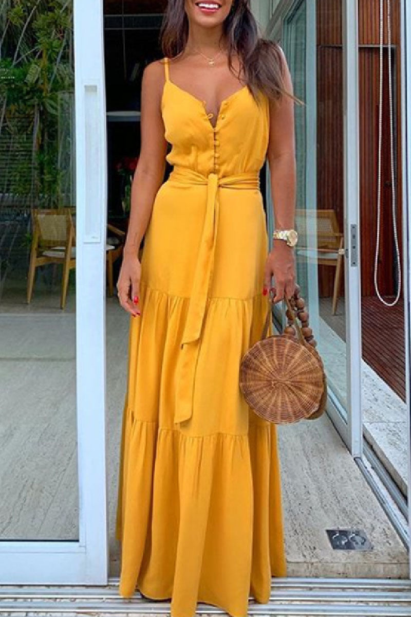 Casual Solid Backless Spaghetti Strap Long Dresses Yellow