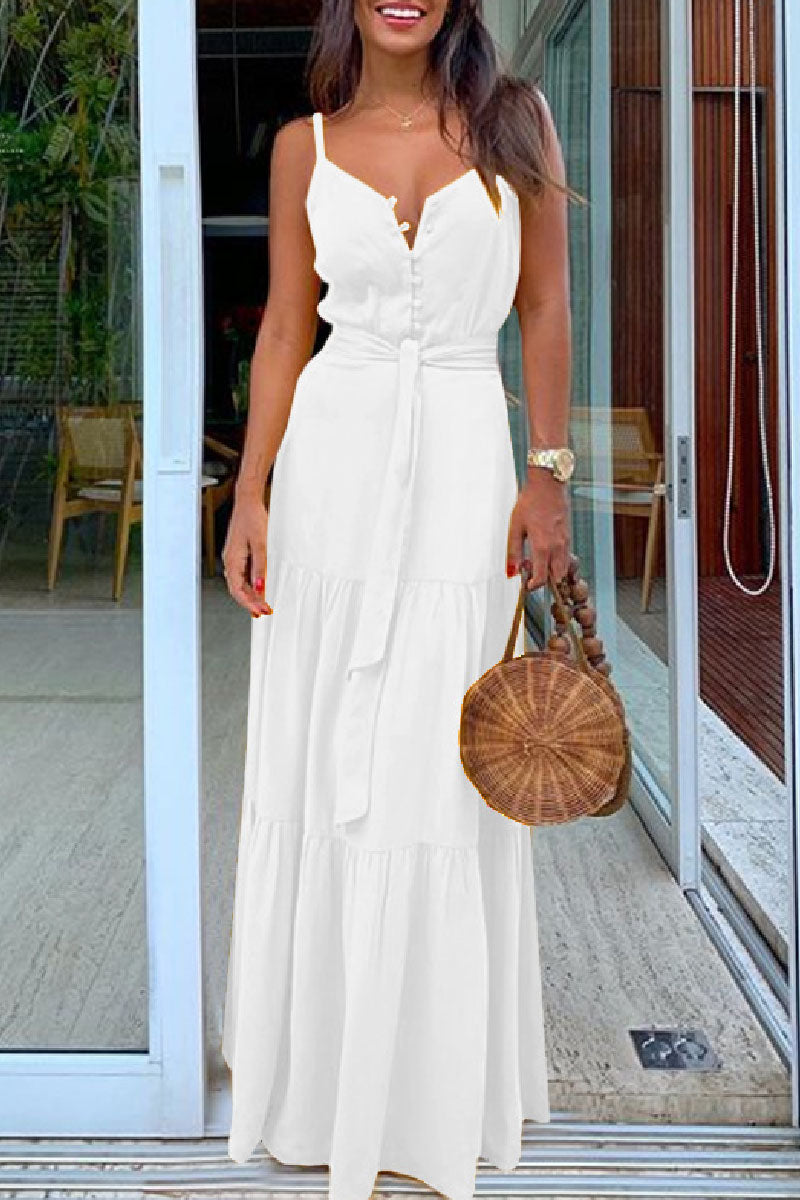 Casual Solid Backless Spaghetti Strap Long Dresses White