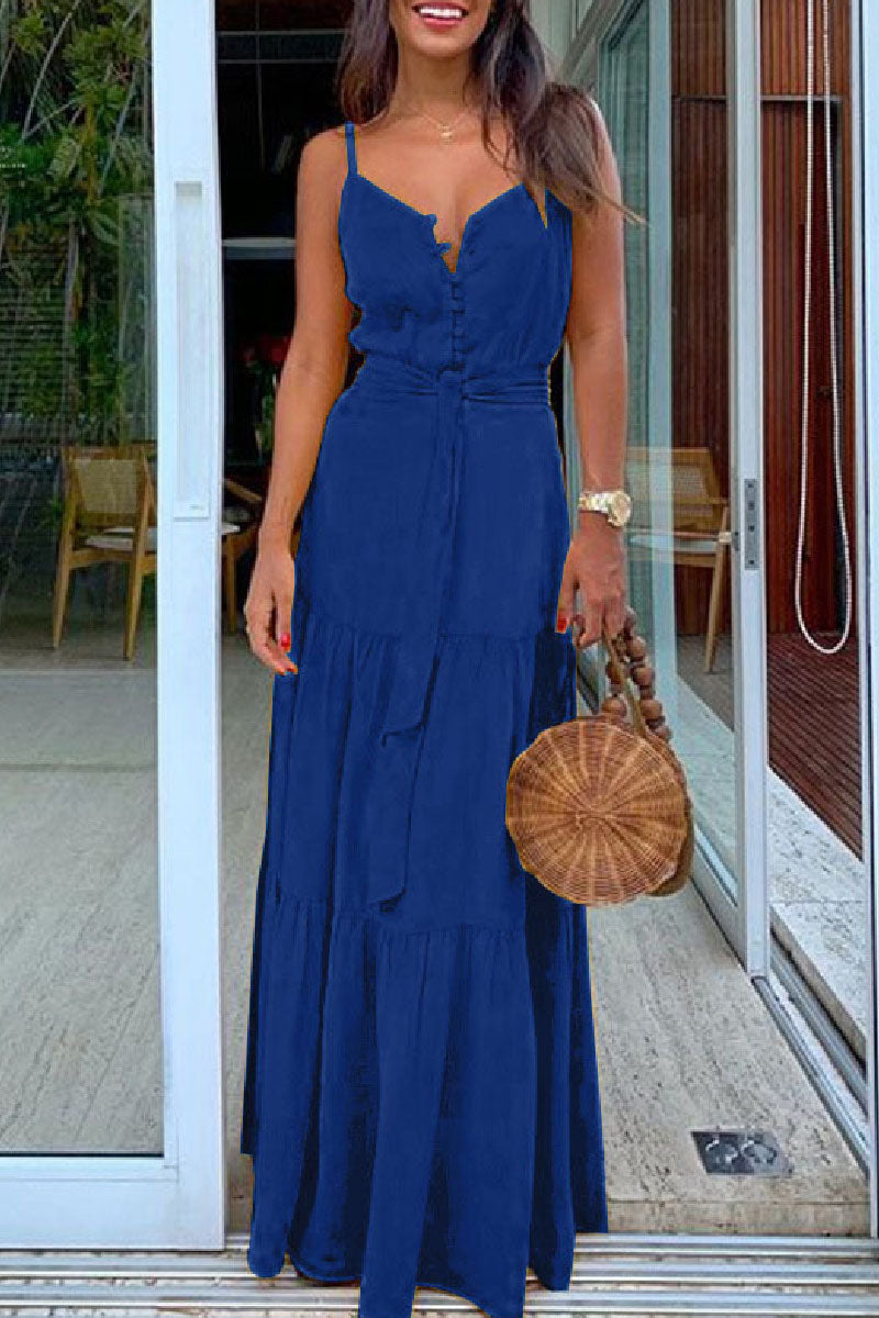 Casual Solid Backless Spaghetti Strap Long Dresses Blue