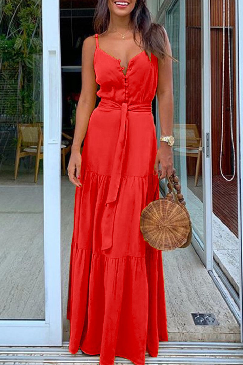 Casual Solid Backless Spaghetti Strap Long Dresses Red