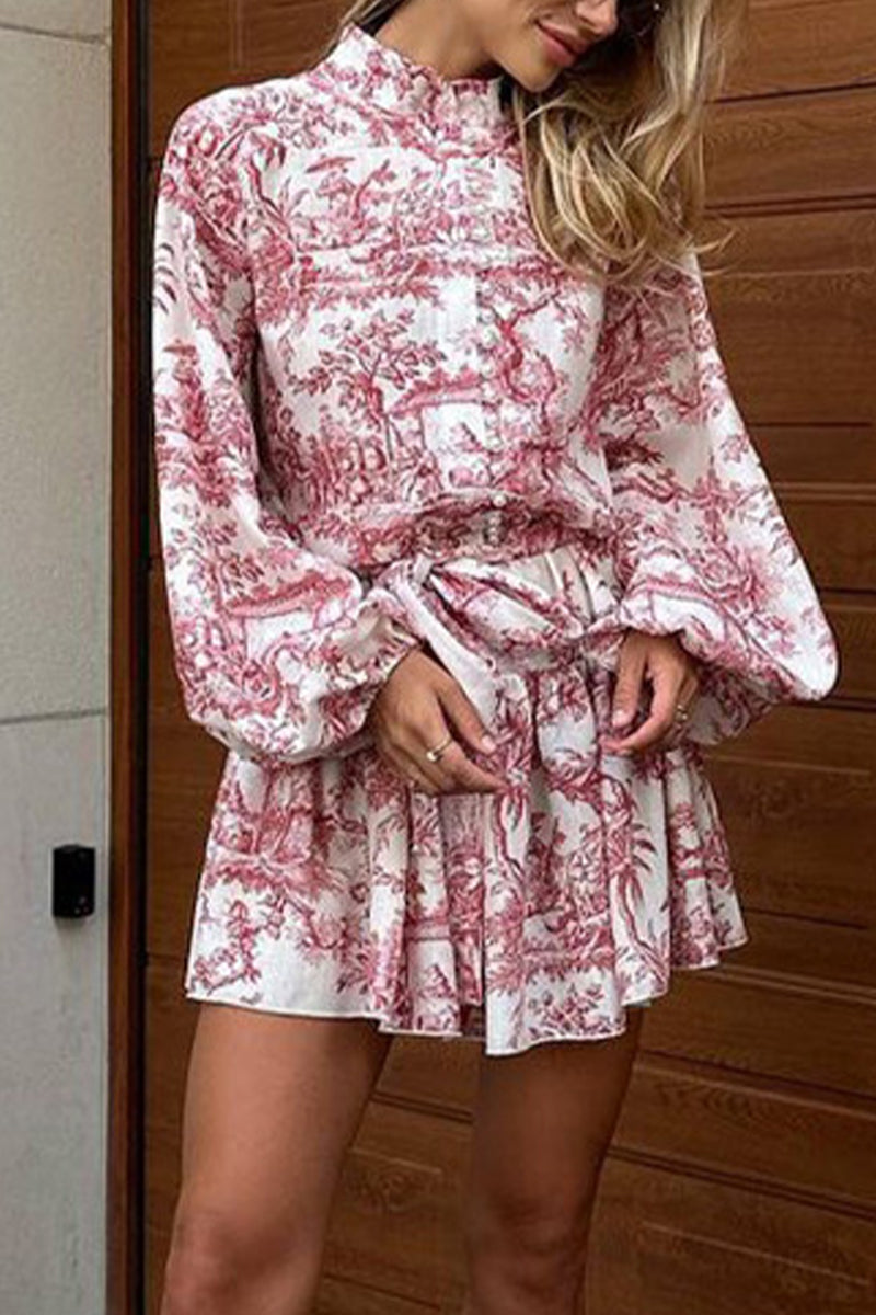 Vintage Elegant Geometric Print Bandage Mandarin Collar A Line Dresses