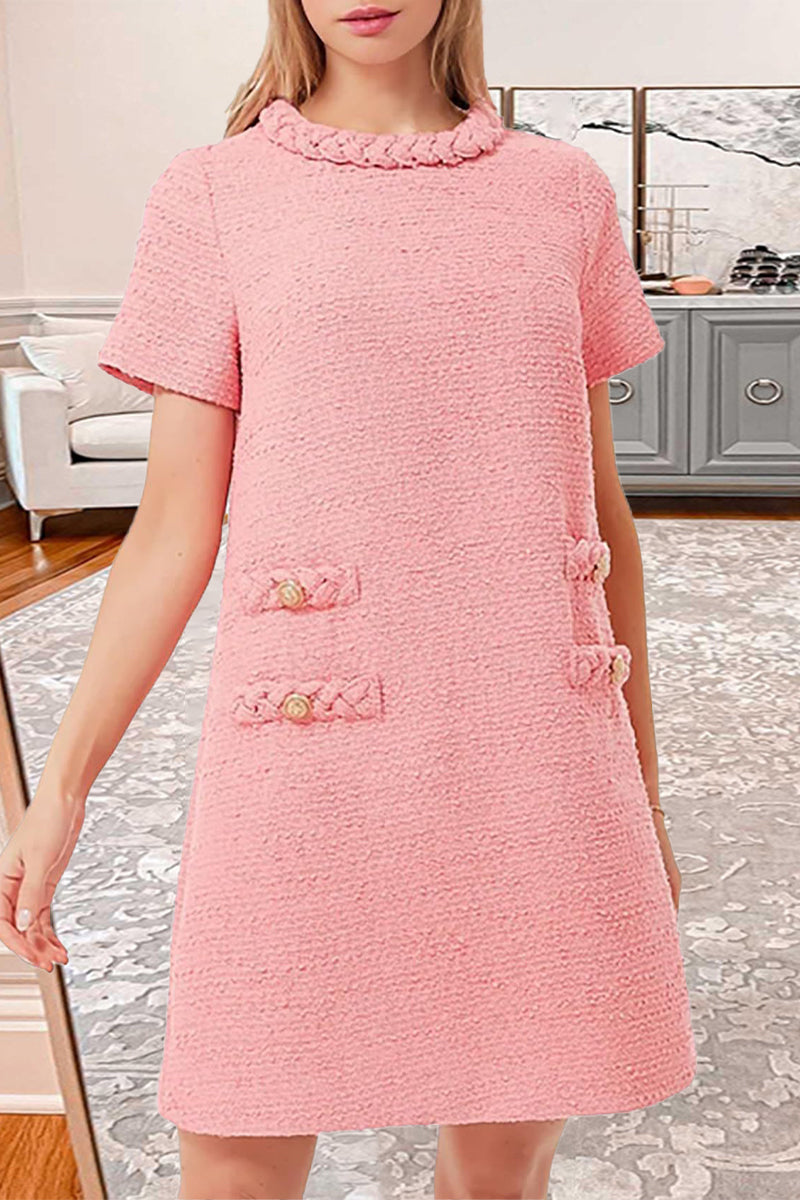 Celebrities Elegant Solid Buttons Weave O Neck A Line Short Sleeve Dress Pink