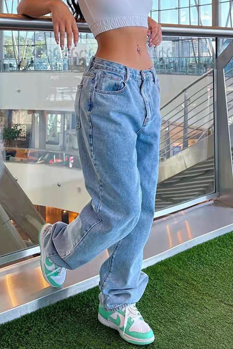 Casual Solid Make Old High Waist Loose Denim Jeans The cowboy blue