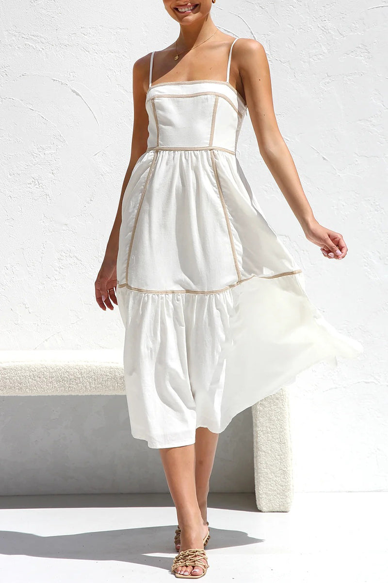 Casual Ripple Patchwork Contrast Sling Dresses White Apricot