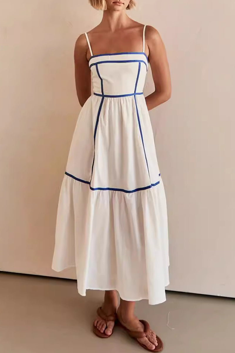 Casual Ripple Patchwork Contrast Sling Dresses White Blue