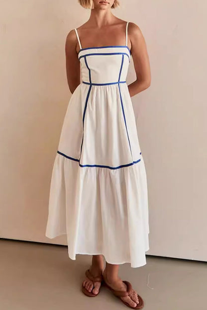 Casual Ripple Patchwork Contrast Sling Dresses White Blue