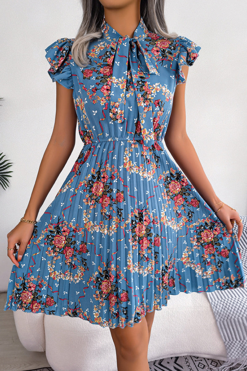 Vintage Elegant Flowers Frenulum Pleated Half A Turtleneck Pleated Dresses Royal Blue