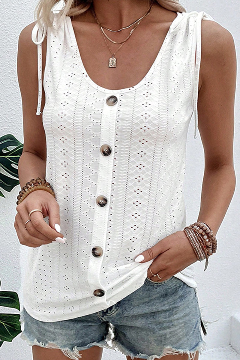 Casual Vacation Solid Hollowed Out Buttons U Neck Tops White