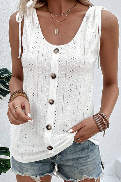 Casual Vacation Solid Hollowed Out Buttons U Neck Tops White