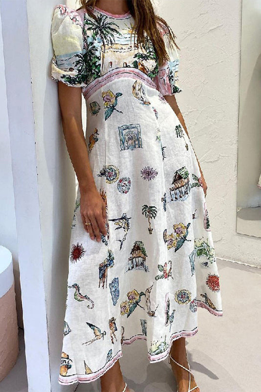 Casual Vintage Cartoon Print Patchwork O Neck A Line Dresses White