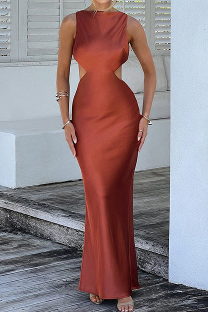 Sexy Celebrities Solid Backless O Neck Wrapped Skirt Dresses Brownness