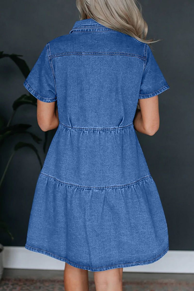 Casual Solid Pocket Buckle Turndown Collar Short Sleeve Loose Denim Dresses