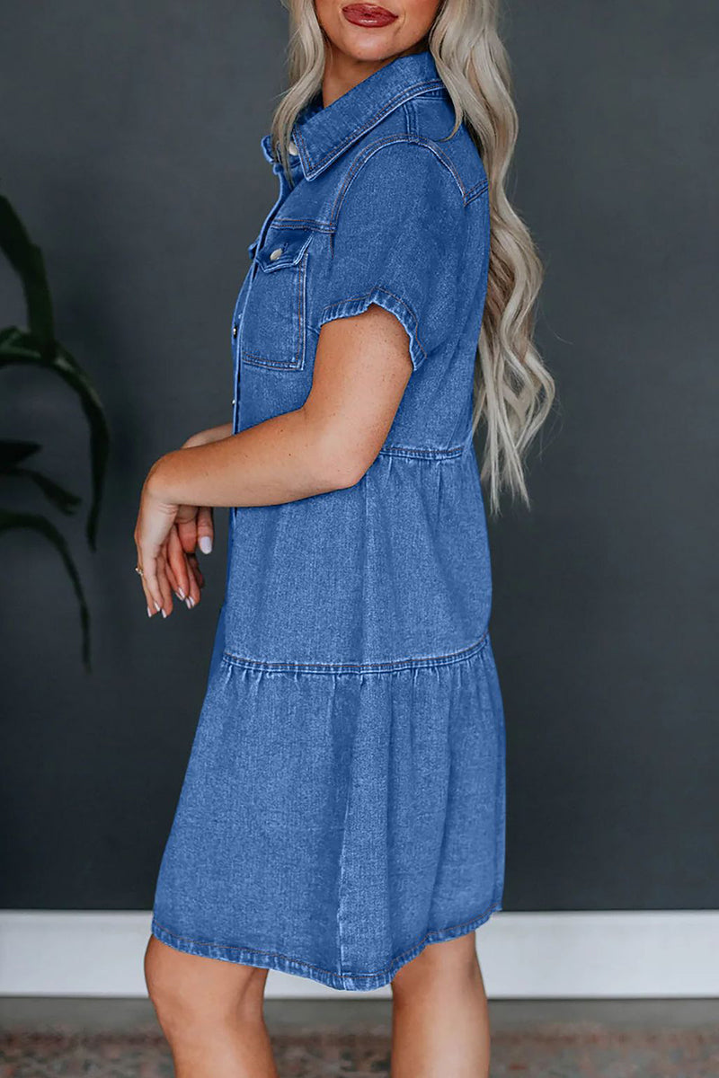 Casual Solid Pocket Buckle Turndown Collar Short Sleeve Loose Denim Dresses