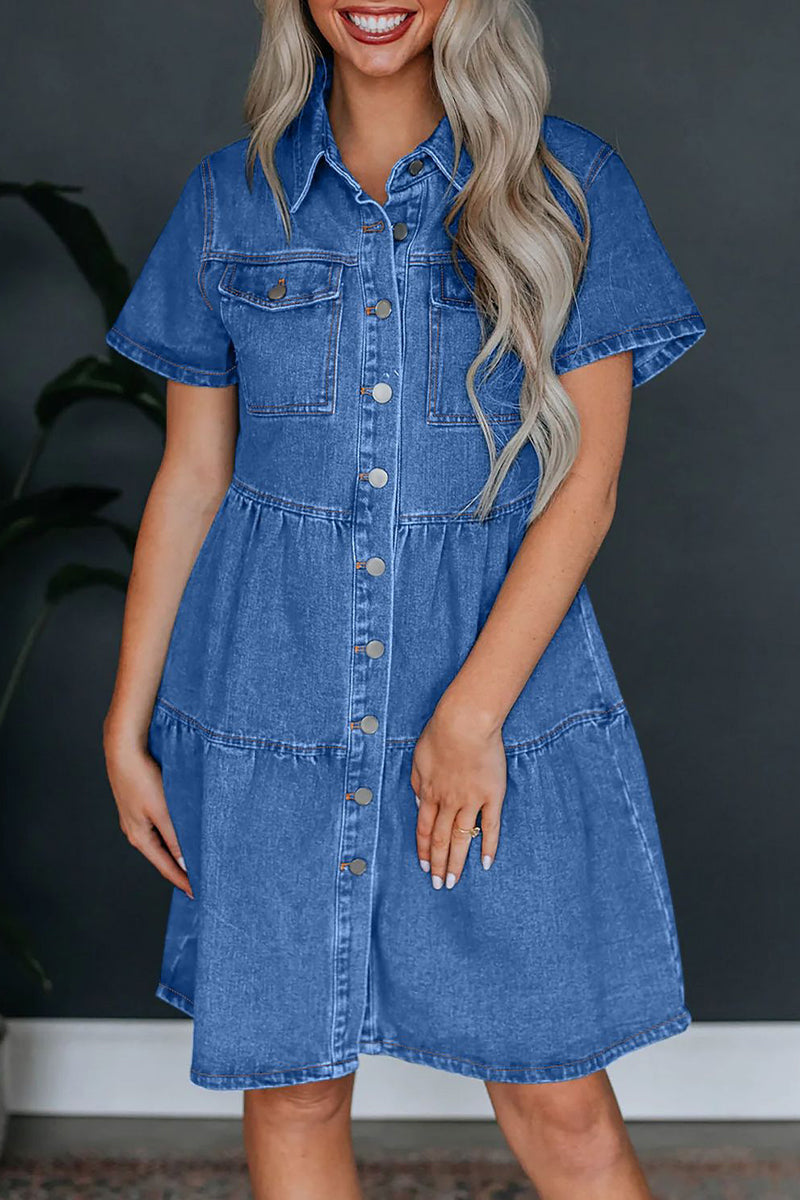 Casual Solid Pocket Buckle Turndown Collar Short Sleeve Loose Denim Dresses Light Blue