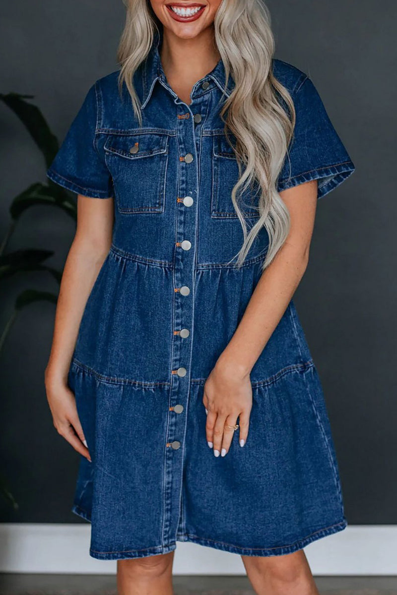 Casual Solid Pocket Buckle Turndown Collar Short Sleeve Loose Denim Dresses Deep Blue